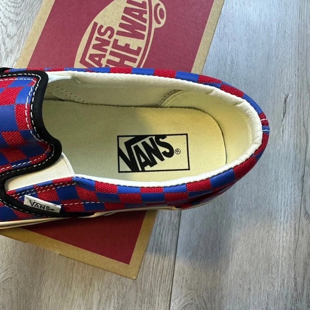 Vans Classic Slip-On Shoes Mens Size 8 Red Blue Canvas Checkerboard Skater NEW